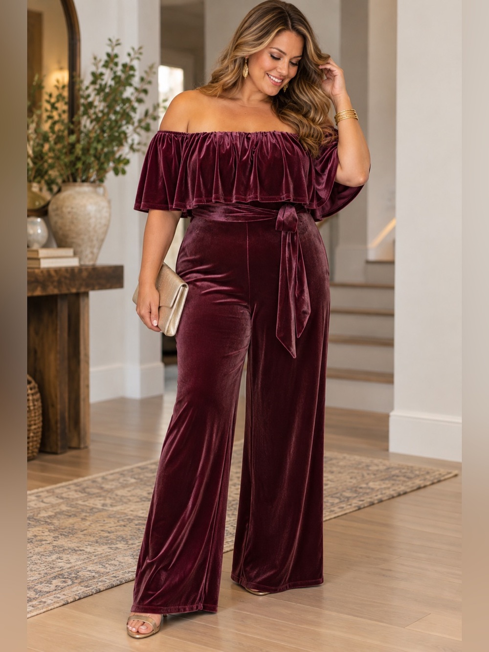 ELOQUII Elements Size 18 Burgundy Velvet Off Shoulder Ruffle Jumpsuit